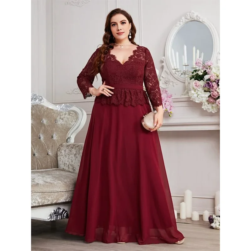 Plus Size V Neck 4XL5XL Lace Wine Red Chiffon Loose Elegant Evening Gown Wedding Plus Size Dresses