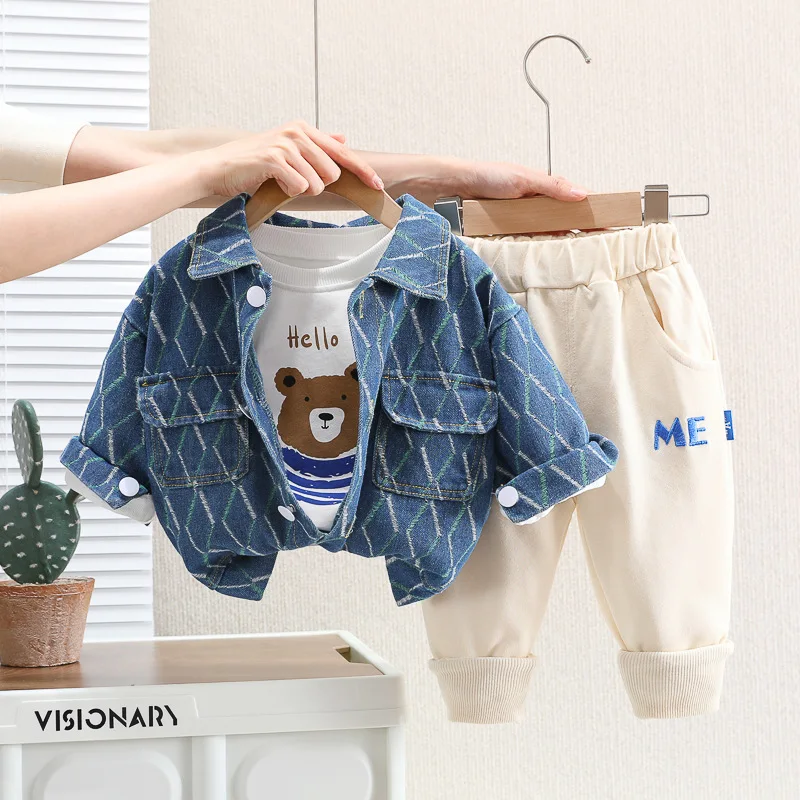 

Spring Baby Boy Girl Clothes Set 2023 New Little Bear Denim Baseball Jacket Kids' Fashion Set Autumn Boys and Girls Clothing