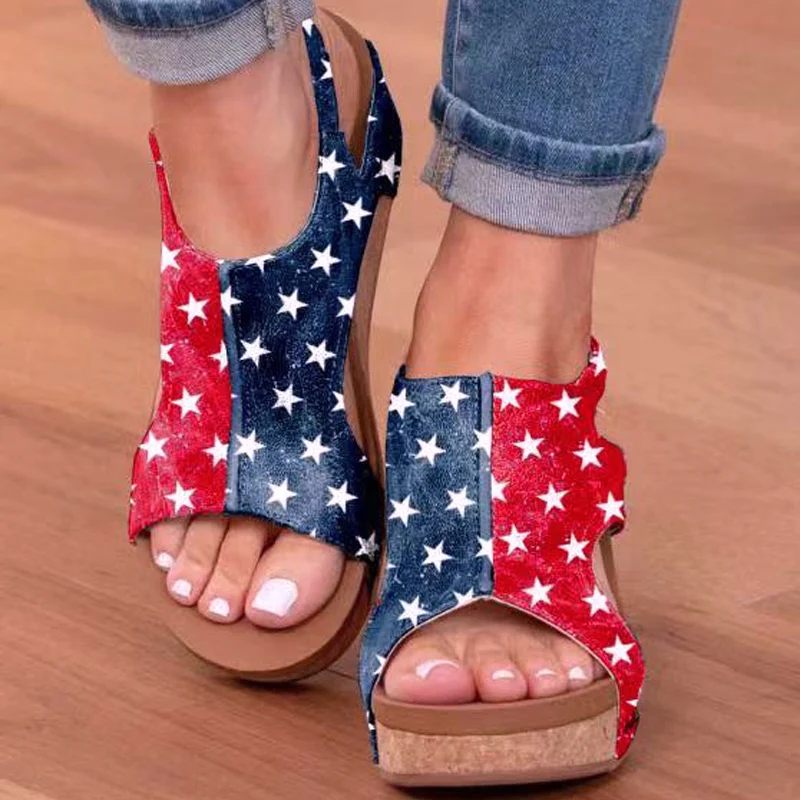 

Star Print Wedge Sandals Woman Summer Peep Toe Slingback Sandalias Ladies Fashion Rivet Platform High Heel Gladiator Shoes