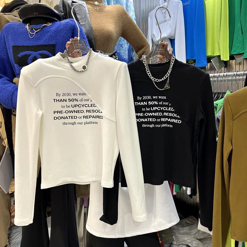 

Winter New Korean Minority Design Irregular Letter Printing Bottomed Shirt Round Neck Pullover Long Sleeve T-shirt Basic Tee