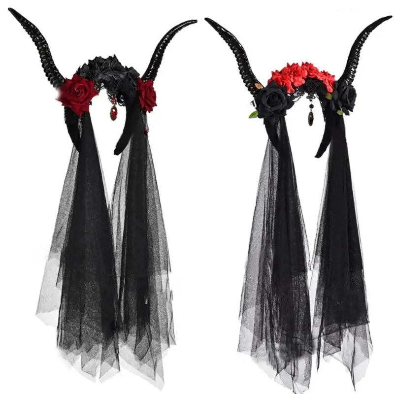 

Sheep Horn Halloween Headwear Rose Flower & Tulle Decorations Gothic Devil Headband Cosplays Accessory Headwear Hairband