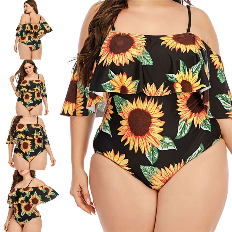 

Women One-Piece Swimsuit Sexy Off Shoulder Tummy Control Monokini Boho Sunflower Printed Flounce Ruffled Bathing D5QD