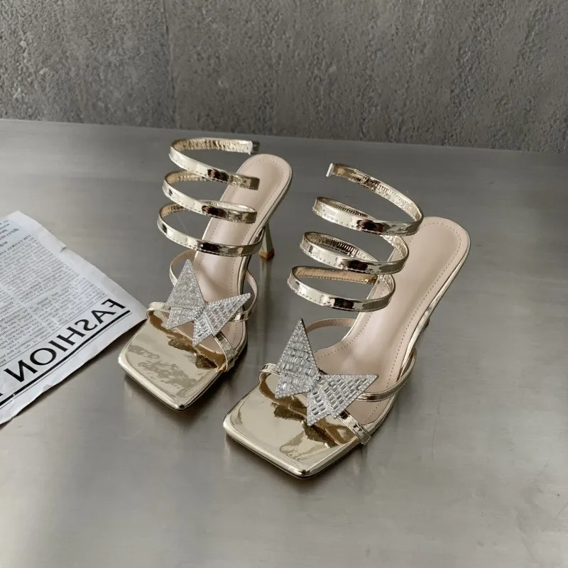 

Summer New Crystal Butterfly Decor Square Toe High Heel Shoes Sandals Woman Fashion Sexy Thin Heel Surround Sandals Women 2022