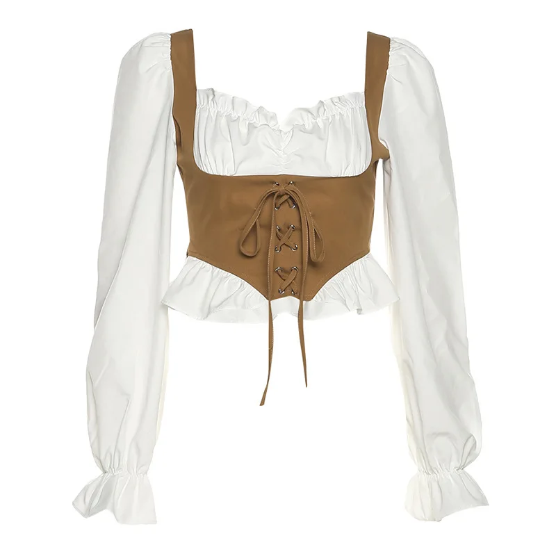 

Spring and Fall New Women's Sexy Slim Navel Fashion Fake Two Long-sleeve White T - Shirts Cool One-shoulder
