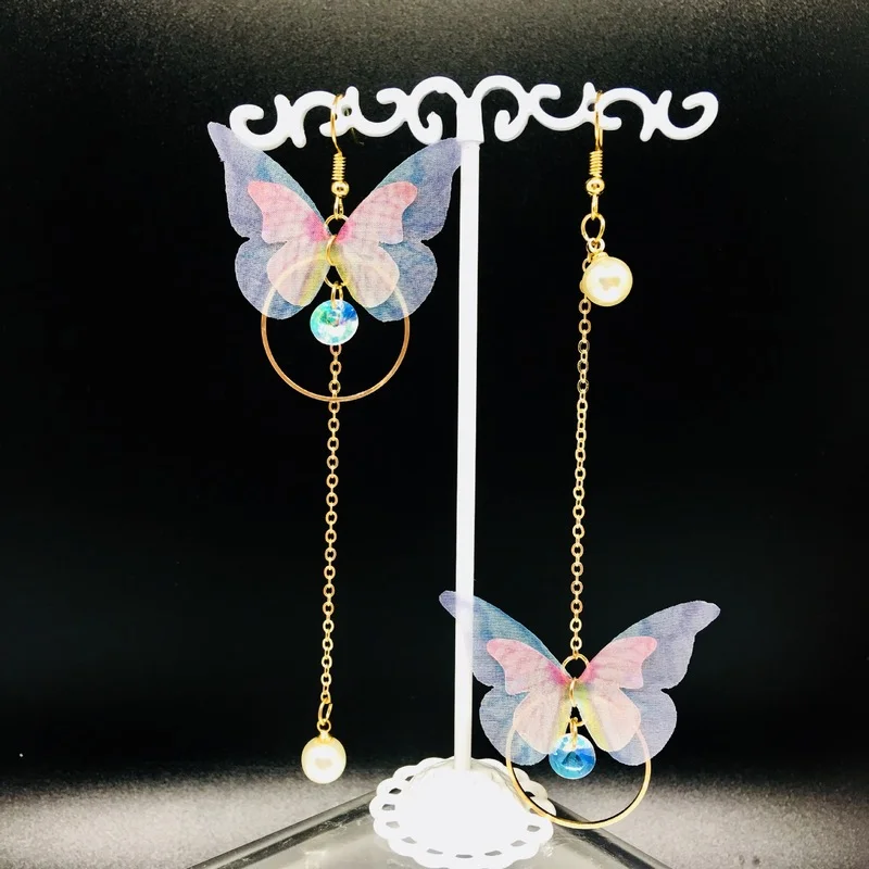 

Korean Retro Asymmetric Butterfly Imitation Pearl Earrings Fashion Round Flower Brincos Long Statement Wings Earrings Jewelry