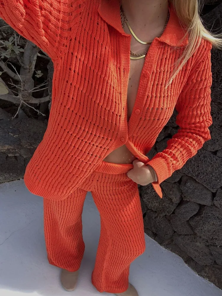 

Casual Knitwear Pants Set Women Casual Two Piece Sets Full Sleeve T-shirt And Long Pants Matching Sets Female Loose