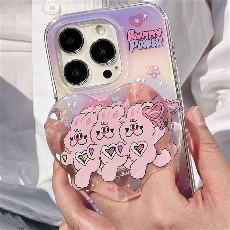 Korean Cute 3D Dancing Rabbit Phone Grip Tok Griptok Clear Holder Ring For iPhone 14 Accessories Lovely Heart Phone Stand Holder