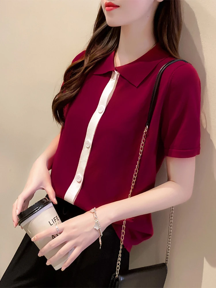 

Women's T-shirt Ladies Tops Fashion Summer Lapel Pullover Slim Short Sleeve Knitting Button Splicing Temperament Tenafeicc