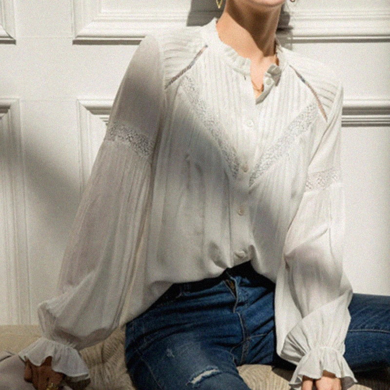 

Lace Blouse Pleated Embroidered Ruffles Neck Patchwork Lantern Sleeve Female Shirts Tops Retro Chic Chemises White Hauts