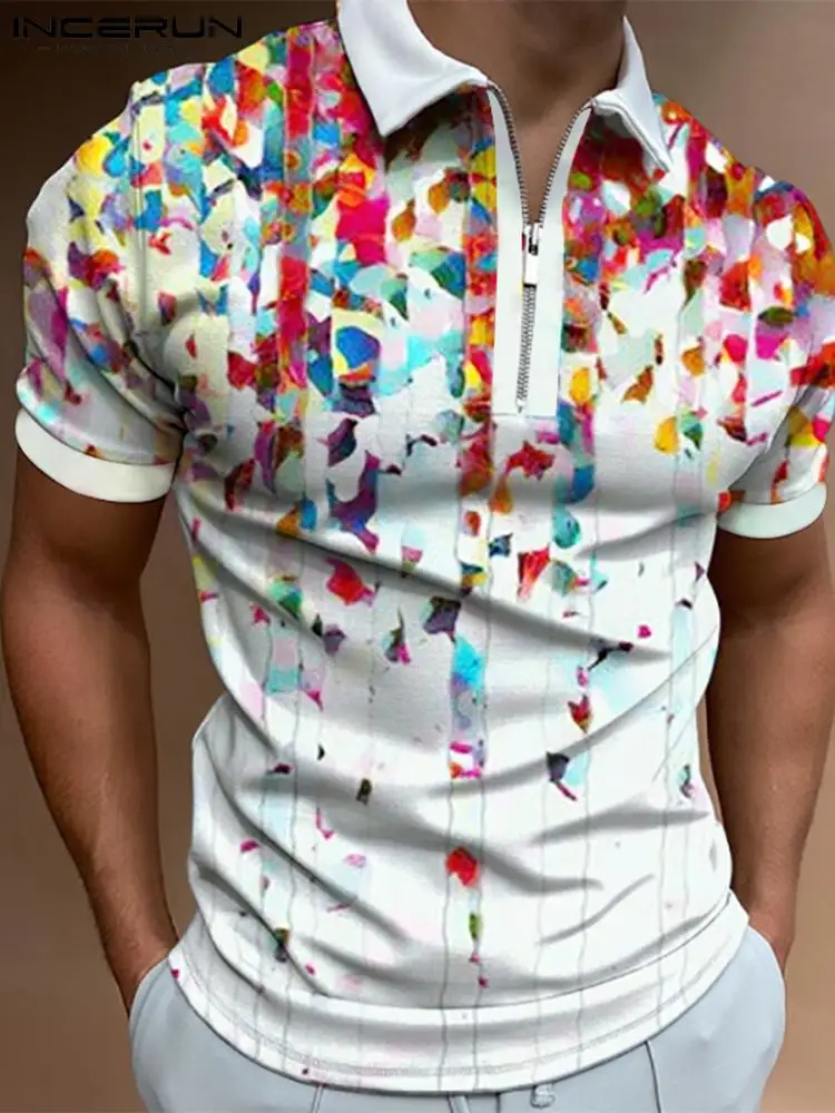 

INCERUN Men Shirt Lapel Short Sleeve Printing Summer Zipper Streetwear Camisa Masculina 2022 Fashion Leisure Men Clothing S-3XL