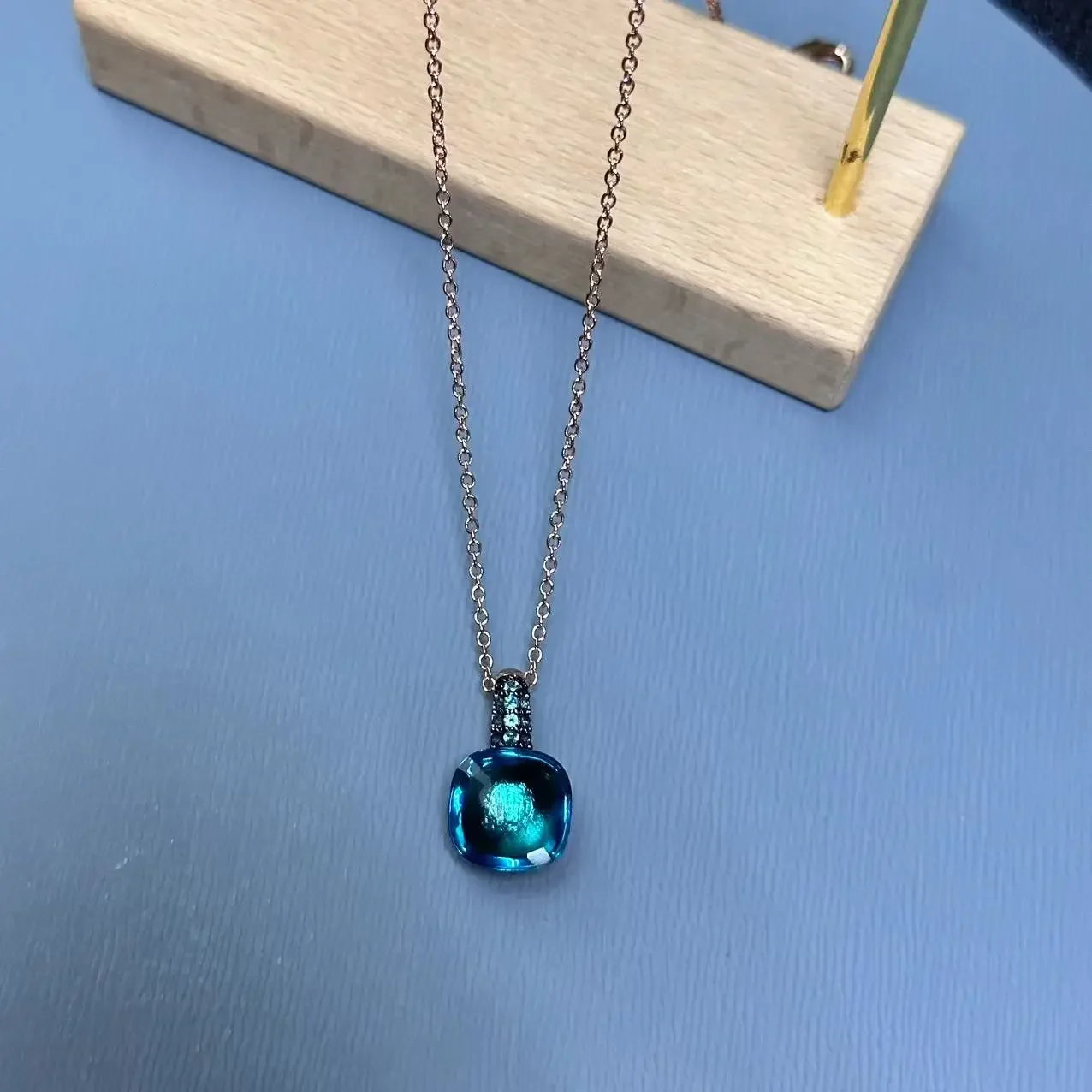 

12.6mm Pendant Necklace Candy Color Square Crystal Pendant Inlay Blue Topaz Zircon with Bun Black Plated Fashion Jewelry