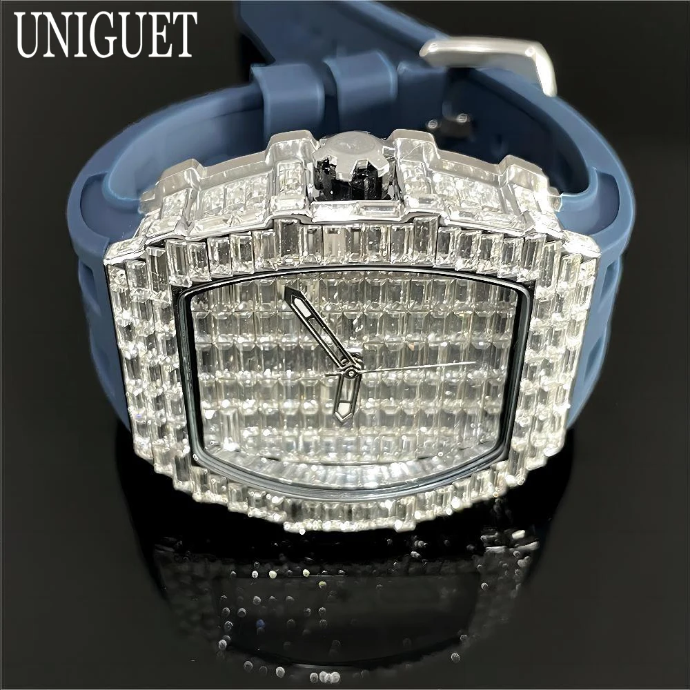 Фото 2024, новые мужские часы со льдом, бренд UNIGUET, кварцевые часы из люксистой стали, хип-хоп, багет, бриллиантовые наручные часы Tonneau, мужские дропшиппинг №4