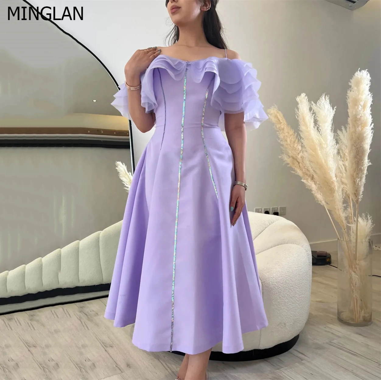 

MINGLAN Fashion Strapless Pleat Sequined Short Sleeve Prom Dress Elegant Ankle Length Formal Elegant Gown For Woman New 2023