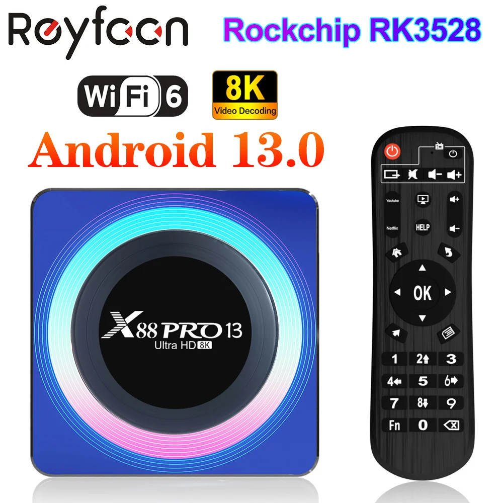 

X88 Pro 13 TV Box Android13.0 Rockchip RK3528 Quad-Core 64bit Cortex-A53 Support 8K Video Decoding Wifi6 BT5.0 100M Set Top Box