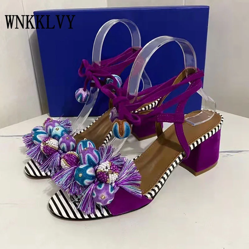 

2022 Summer High Heel Sandals pompoms Fringe Decor chunkly women retro velvet Women Ankle Strap gladiator sandalias for Girls