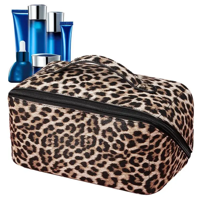 

Makeup Bag Large Capacity Leopard Print PU Leather Make Up Bag Zipper Pouch Travel Cosmetic Toiletry Bag With Handle Cosmetic