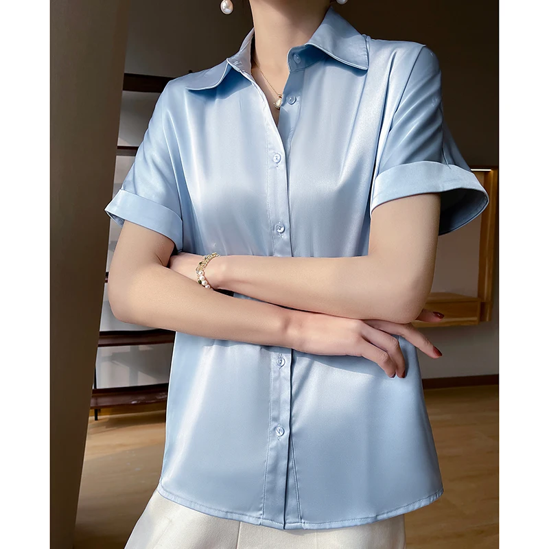 

Heavyweight Silk Short-Sleeved Shirt Women's Design Sense Niche High-End Acetate Mulberry Silk Satin Professional Shirt Summer