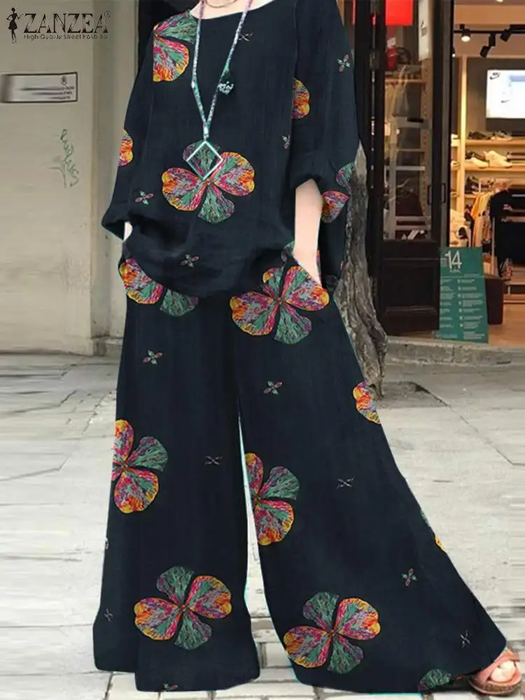 

Two Piece Sets Autumn Floral Printed Matching Sets ZANZEA Bohemian Wide Leg Pants Sets Loose Blouse Suits 2023 Womens Outifits