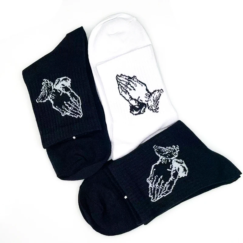 

Hip hop skate cotton crew socks of Virgin Mary gesture pattern for men women hip hop funny novelty white black Funky long socks