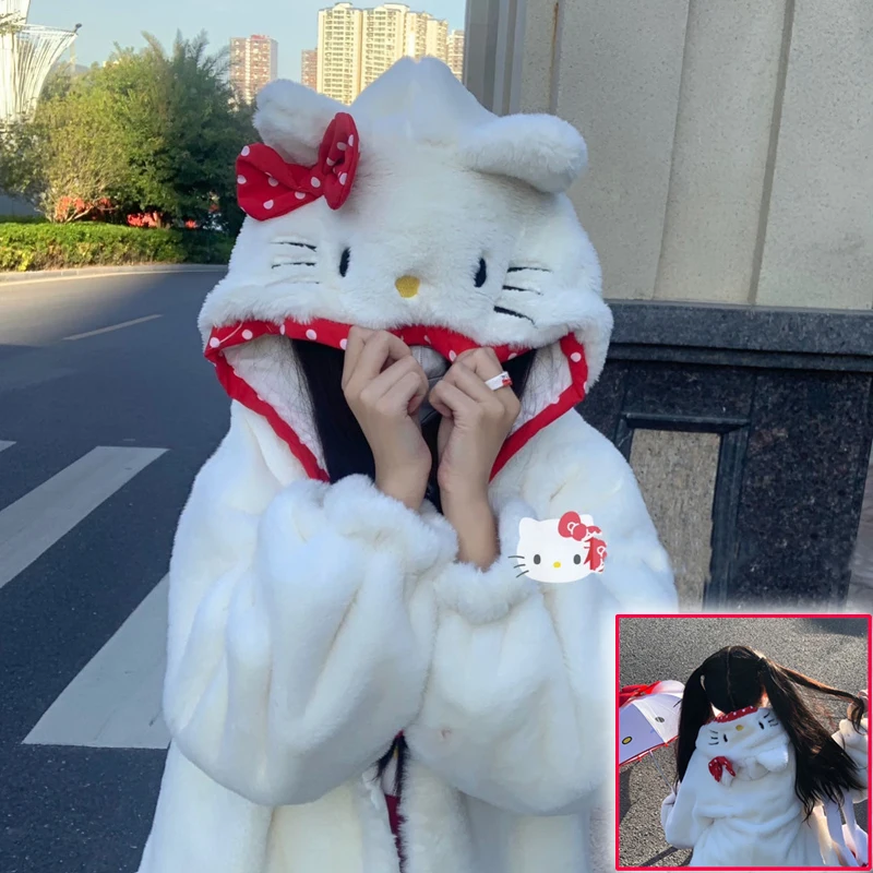 

Hello Kittys Y2K Hooded Jacket Sanrios Loose Anime Figure Plush Kawaii Bow Tie Cartoon Sweet Girl Thicken Cardigan Jacket