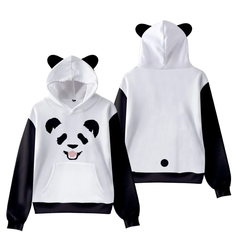 

3D Kawaii smiling panda hoodies fashion simple black and white color Sweatshirts stitching female spring autumn cat ear clothes