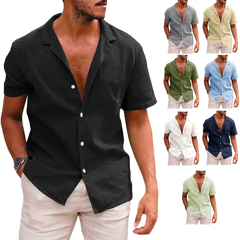 2023 Summer New Men's Fashion Casual Polo Solid Color Breathable Loose Short Sleeve Shirt Button Cotton Linen Shirt Men's Wear
