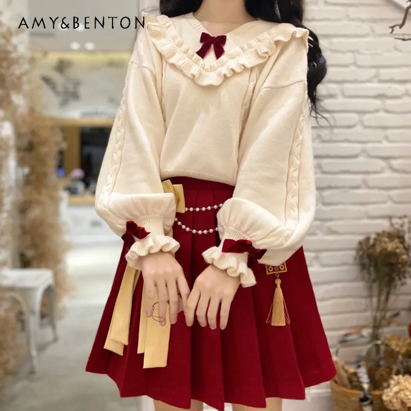 Christmas New Year Suit for Women Red Sweater Pleated Skirt Two-Piece Set Autumn Winter College Style Knitting Set