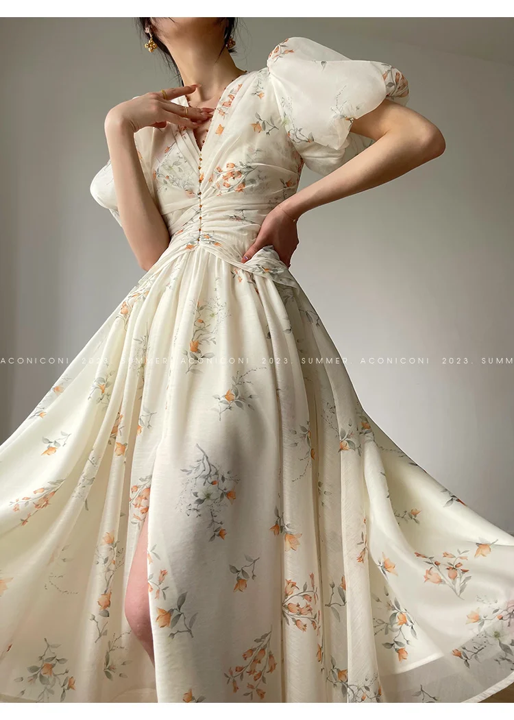 

French Elegant Printing Beading V Neck Puff Sleeve Midi Dress For Women 2023 Summer Diamonds Folds Waist Pleated Maxi Dresses