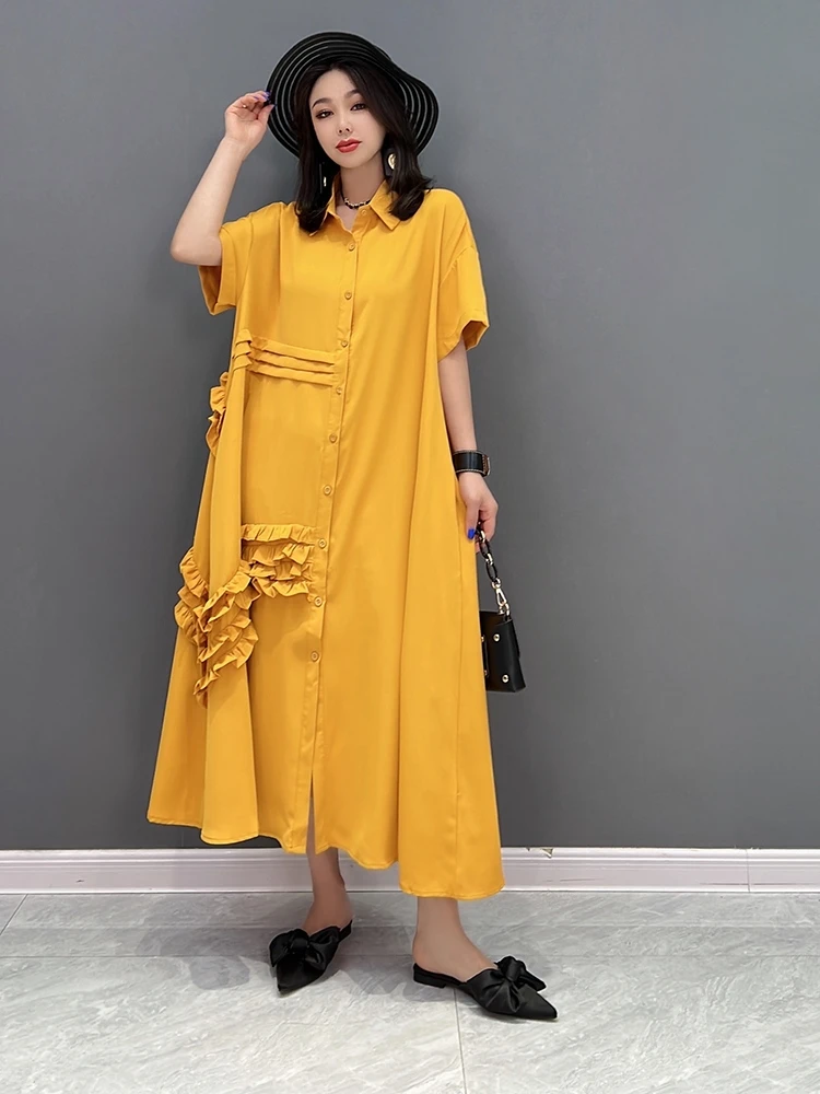 

SuperAen Europe 2022 Summer New Fashion Korean Shirt Dress Turn-down Collar Oversized Dress Loose Buttons Woman Dress