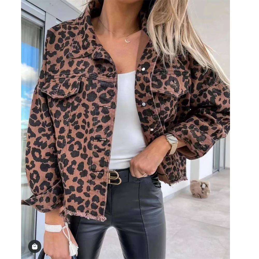 

Vintage Denim Jacket Women Leopard Jean Long Sleeve Coat Distressed Lapel Shacket Denim Outcoat Loose Streetwear