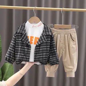 New Spring Autumn Children Fashion Clothes Baby Boys Plaid Gentleman Coat Jacket T Shirt Pants 3Pcs/sets Kids Toddler Sportswear