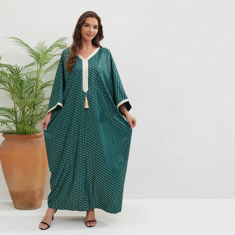 Abaya For Women V-neck Bat Sleep Large Swing Dress For Women's Fashion Loose Casual Four Season Robe Large Size Dubai Turkey