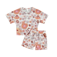 toddler kids baby girls clothing summer casual set short sleeve round neck floral print t shirts pocket elastic waist shorts