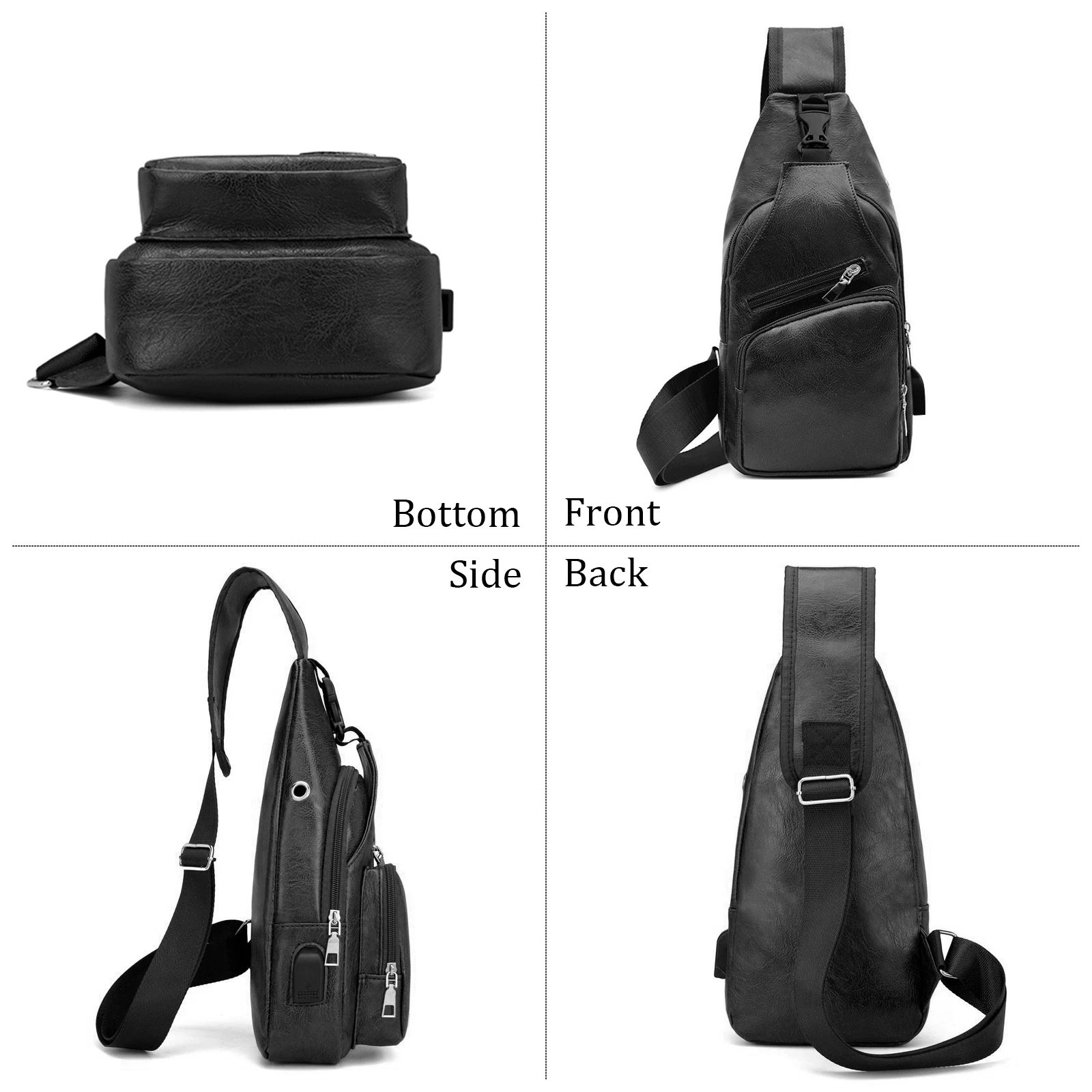 Men'S Leather Sling Bag,  Chest Shoulder Backpack, Water Waterproof Crossbody Bag with Usb Charging Port for Travel, Hiking, Cyc