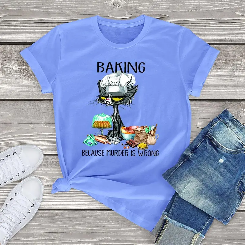 

Funny Black Cat T Shirts Women Baking Because Murder Is Wrong Cat Womens Shirts Vintage Graphic Tee Unisex Clothes Girls Tops