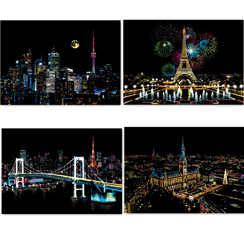

Deluxe Scratch Map DIY Educational Supplies for Children, Scratch Paintings Of Night Scenes of Cities Poster Wall Sticker