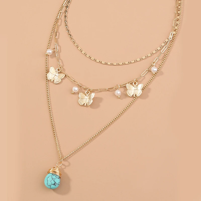 2022 NEW Hot Fashion Jewelry Butterfly Tassel Turquoise Pendant In Summer Design Multilayer Necklace for Women Chains Wholesale