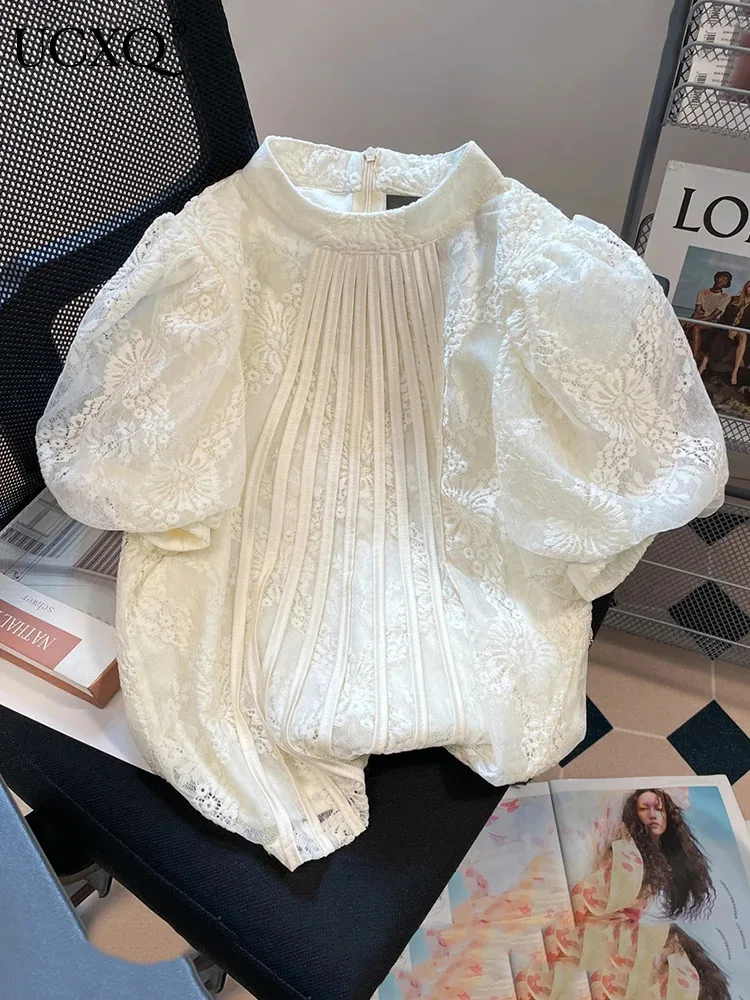 

UCXQ Temperament Standing Collar Stripe Lace Embroidered Shirt For Women Clothes Puff Sleeve Blouse 2023 Summer Spring 23A6207