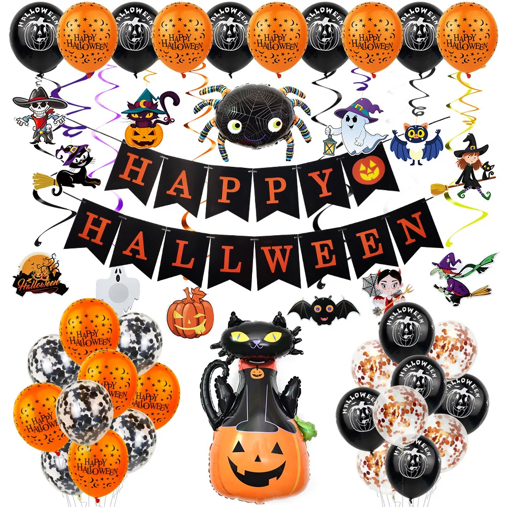 

Wall-Stickers Halloween Bar Mall KTV Party Decorations Ghost Pumpkin Head Black Bat Letter Set Balloon Decoration