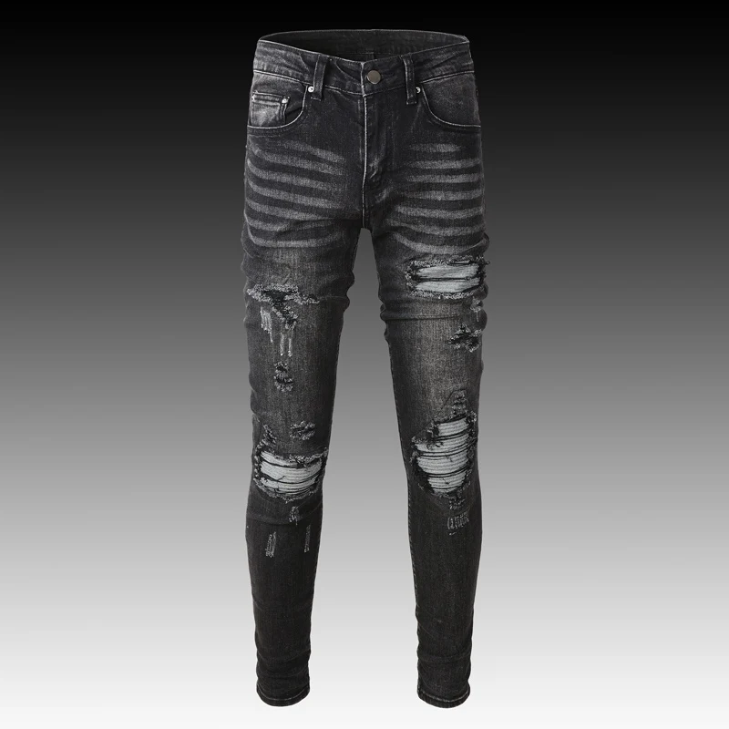 Streetwear Fashion Men Jeans Retro Black Gray Elastic Stretch Slim Fit Ripped Jeans Men Patch Designer Brand Hip Hop Denim Pants