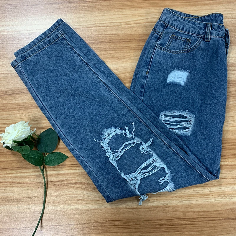

Streetwear Ladies Straight Jeans Casual High Waist Loose Fitting Wide Leg Pants Fashion Ripped Holes Thin Women Denim Trousers
