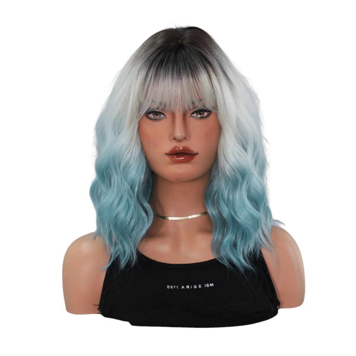 Фото Парик GUHUAN Dark Root Silver To Sky Blue Ombre, короткий волнистый боб с челкой, градиентный, с эффектом водной волны, из термостойкого синтетического волоса. №5