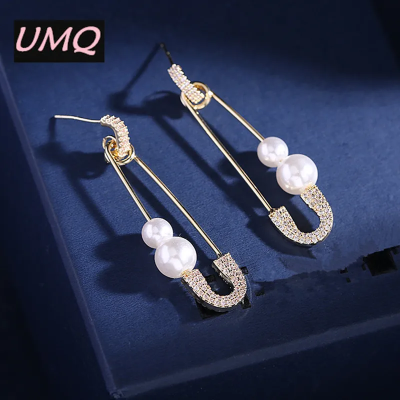 

UMQ Trendy Gold Long Pin Earrings for Women Faux Pearl Luxury AAA Cubic Zirconia Innovative Jewelry Woman Party Friend Gift Box