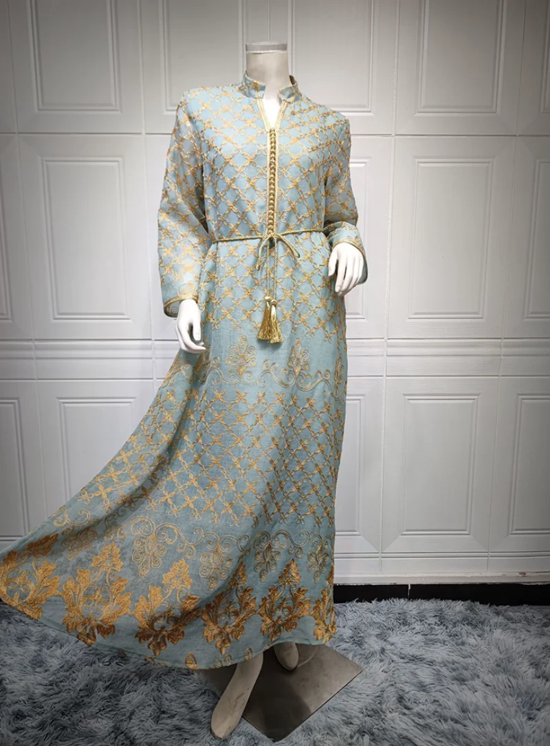 Moroccan Embroidery Kaftan Long Dress Women  Floral Imitation Linen Gulf Jalabiya Muslim Dubai Abaya Ramadan Eid Islam Clothes