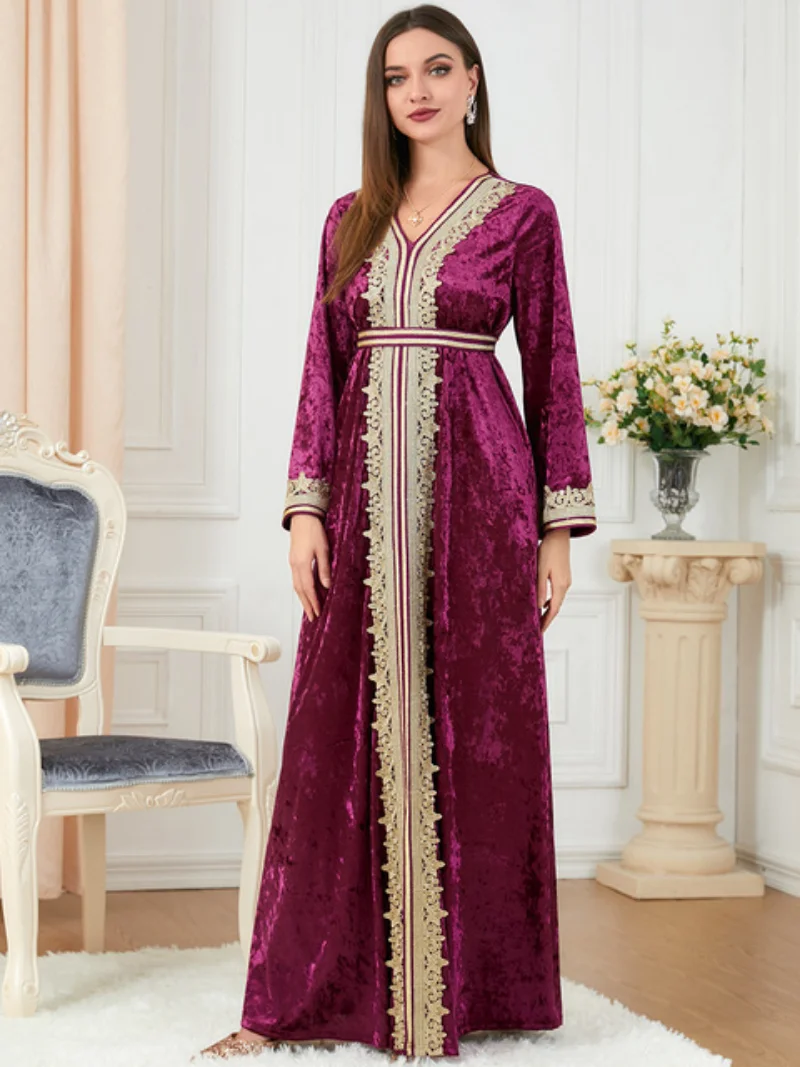 Ramadan Abaya Dubai Muslim Velvet Floral Embroidery Guipure Lace Panel Belted Kaftan Turkish Clothes Women Badka Islamic Dress
