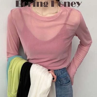 boring honey womens clothes summer ice silk base shirt long sleeve beach outing mesh garment sunscreen clothing solid color top