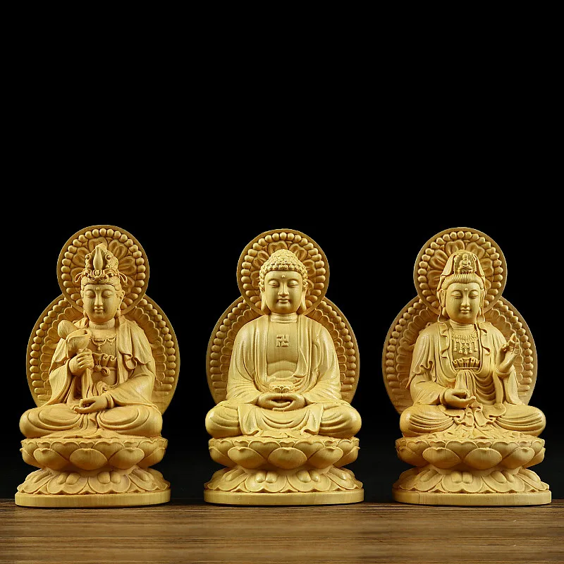 

3pcs/set 6.5*5.5*12.5cm Boxwood Handmade Carving Chinese Buddhist Statue Amitabha Home/Office/Car Putting Decorate Ornaments