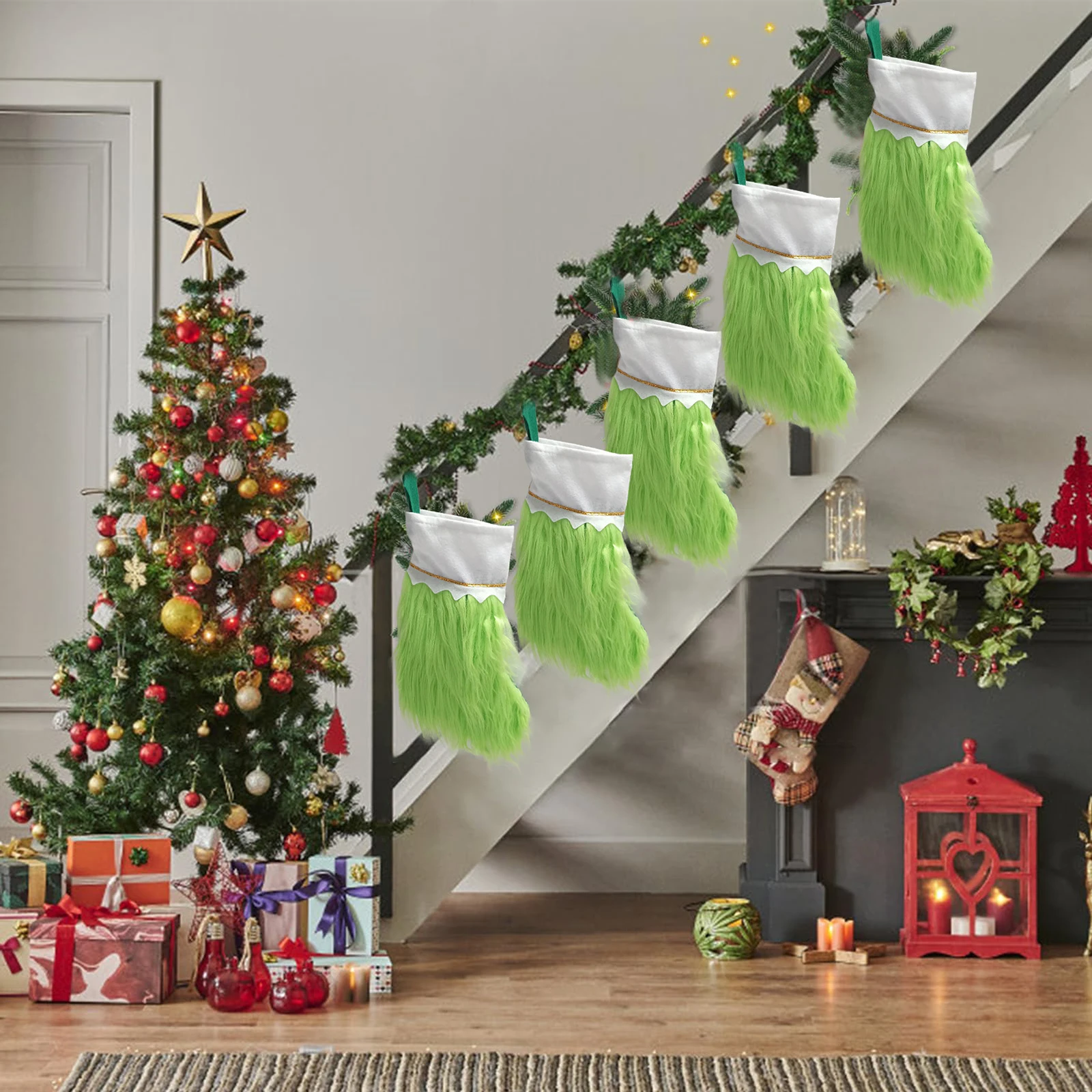 Зеленые рождественские чулки 38 см Новогодние нечеткие плюшевые носки 2025 года