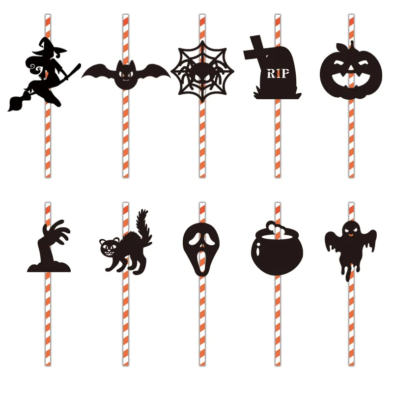 

10Pcs Halloween Paper Straws Black Spider Pumpkin Bat Ghost Disposable Drinking Straw DIY Halloween Party Decoration Cake Topper