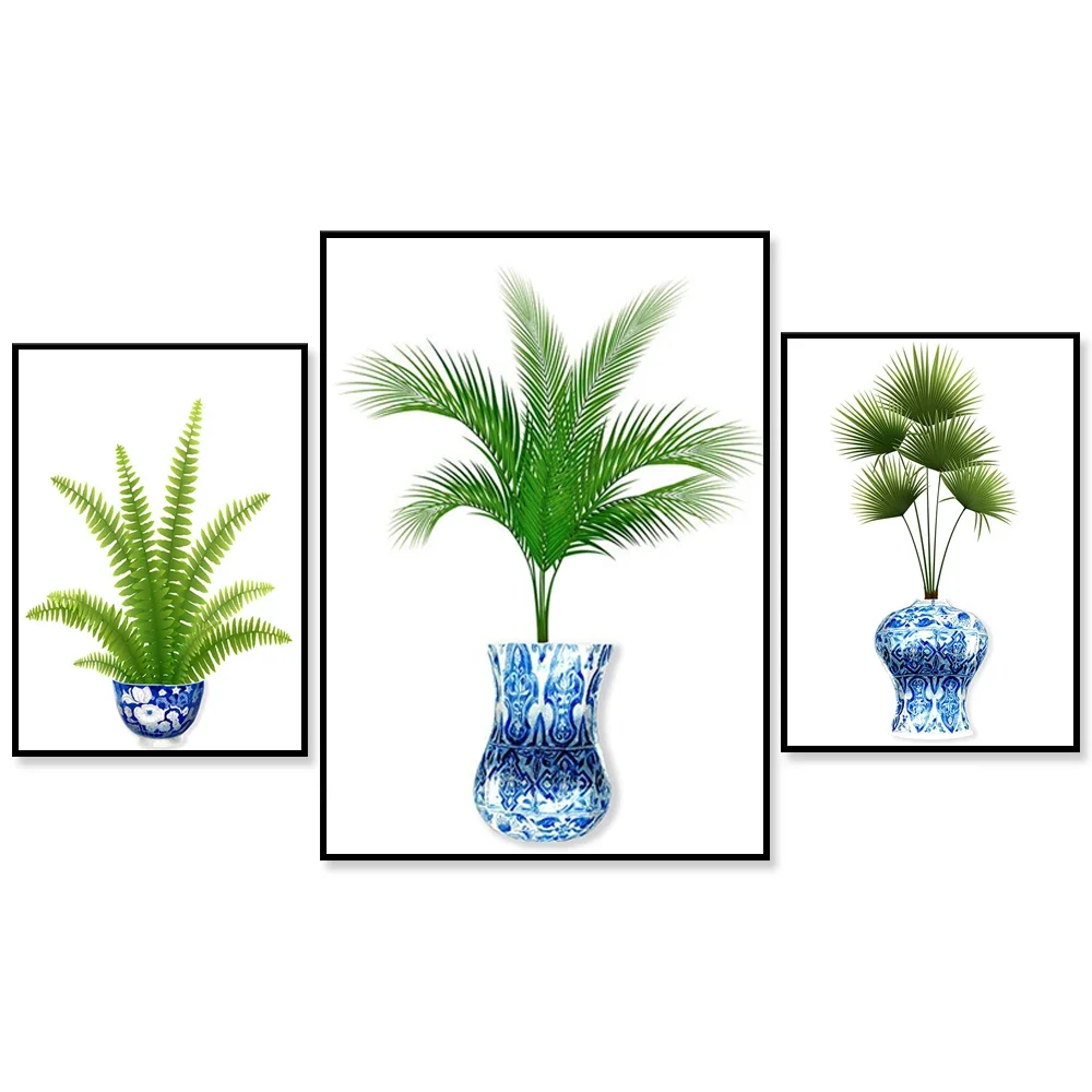 Синие горшки в китайском стиле и принты тропических растений синие вазы